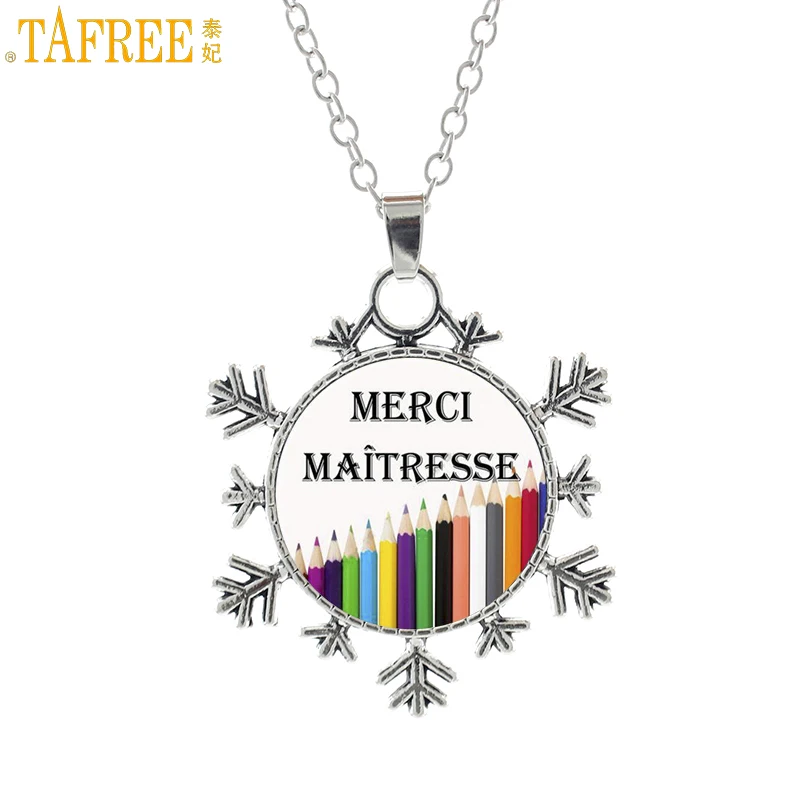 

TAFREE novelty merci maitresse women snowflake pendant statement necklace vintage school teachers jewelry fashion gifts CT279