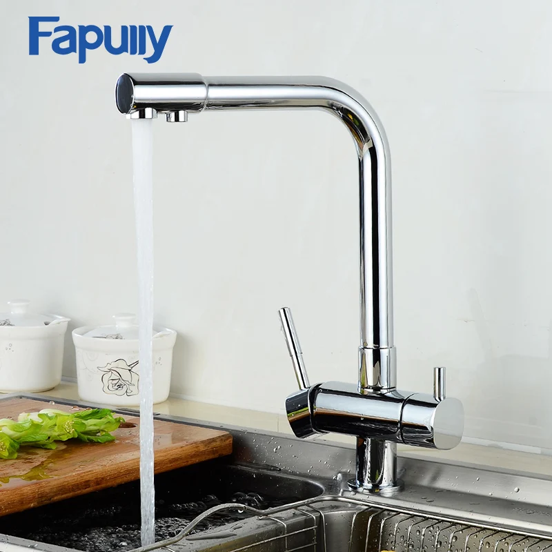 Fapully Kitchen Filter Faucet Chrome Finish 360 Degree Rotating Drinking Water Tap 3 Way Kitchen Sink