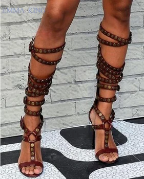 

2019 Personalized Cut-out Knee High Boots Women Sexy Open Toe T-strap Rivets Studs Shoes Woman Gladiator Sandals Thin High Heels