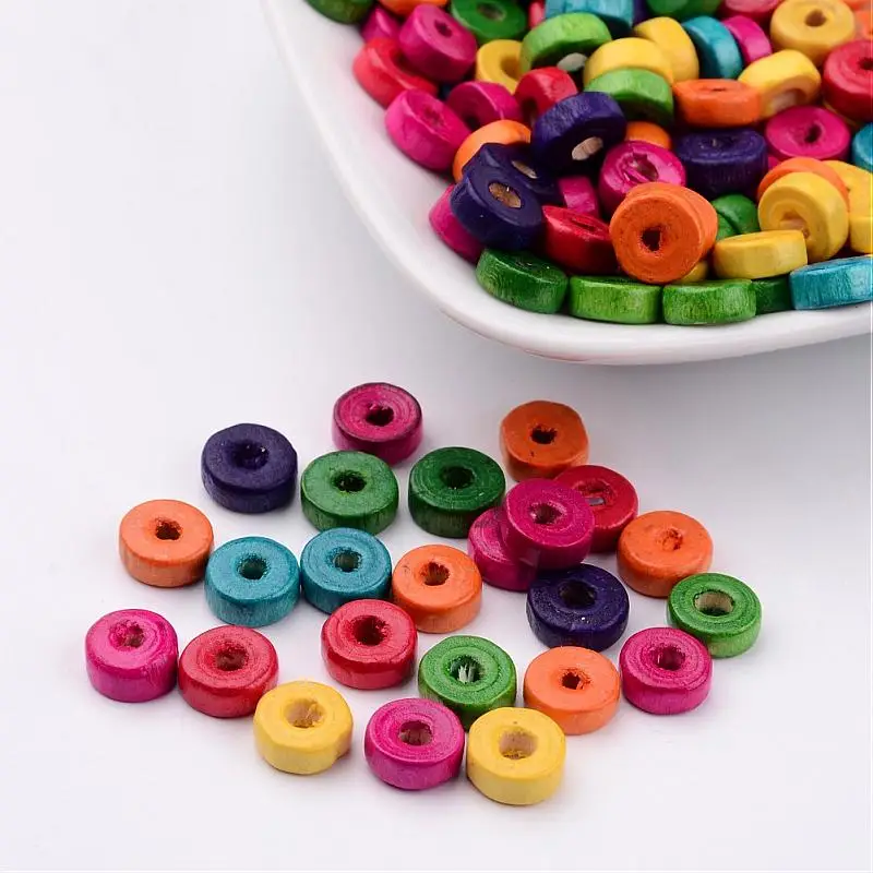 

Jewelry DIY Beads 200PCS Mixed Lead Free Flat Round Wood Beads, Dyed, 8x3mm, hole: about 2mm