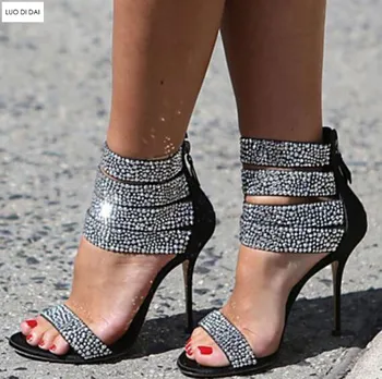 

2019 sexy women dress shoes open toe high heels glitter party shoes summer diamond sandals crystal sandals wedding shoes