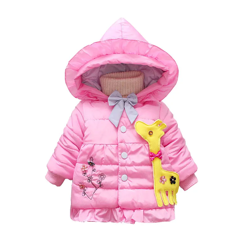 

2019 Winter Coat Girls Cartoon Giraffe Fashion Kids Jackets Hooded Floral Bow Children's Outerwear Autumn Baby Girl Parkas