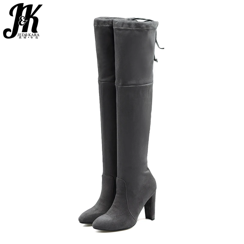 

JK Winter High Heels Stretch Boots Pointed Toe Female Shoes Over The Knee Elastic Boot Warm Short Plush Footwear Big Size 33-44