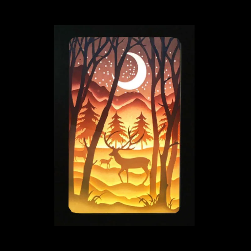 Новый 3D Papercut свет Коробки Рождество Лось дерево и луна ночь светодиодные лампы