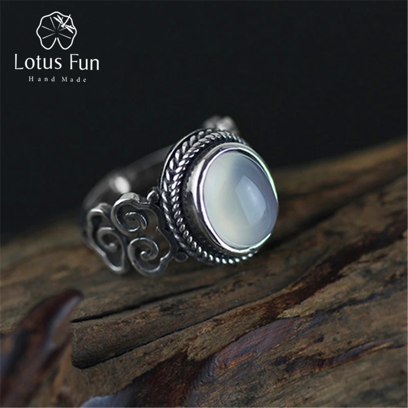 Lotus Fun Real 925 Sterling Silver Natural Chalcedony Stone Handmade Creative Fine Jewelry Vintage Female Rings Bijoux