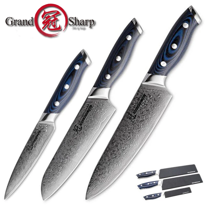  Grandsharp 3 Pcs Damascus Knife Set 67 Layers Japanese Damascus Steel VG10 8''Chef 6.5''Santoku 5'' - 32913385260