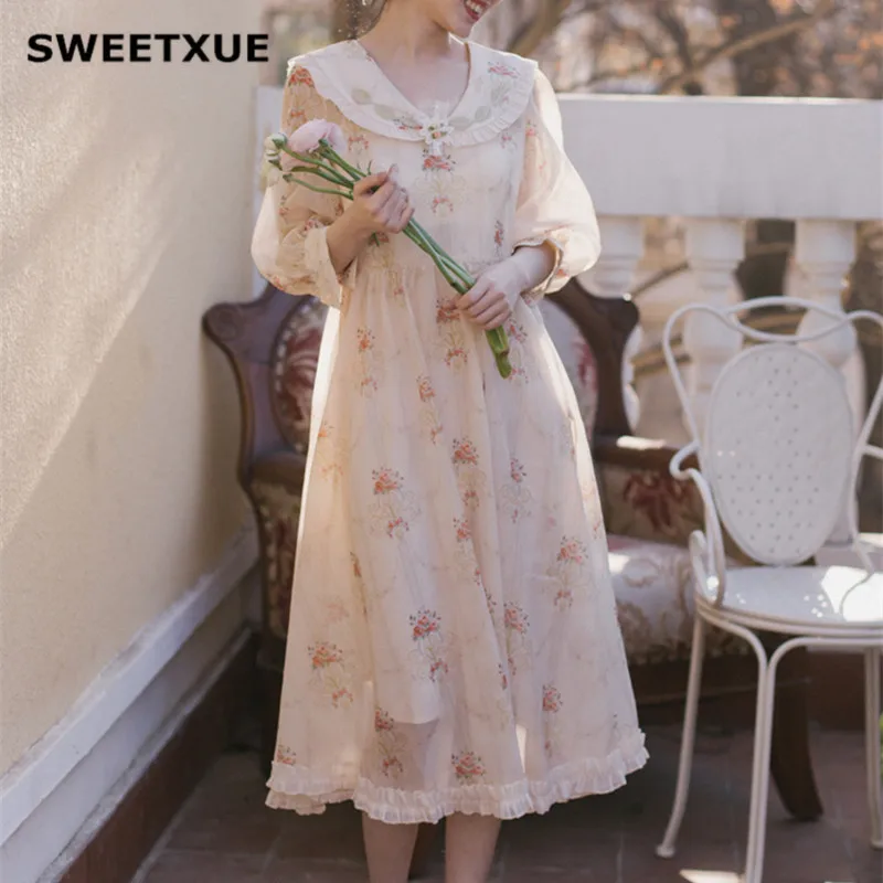 

SWEETXUE Summer Vintage Doll Collar Chiffon Print Dress Floral Three-dimensional Flower Decoration Double-Layer Mesh Party Dress
