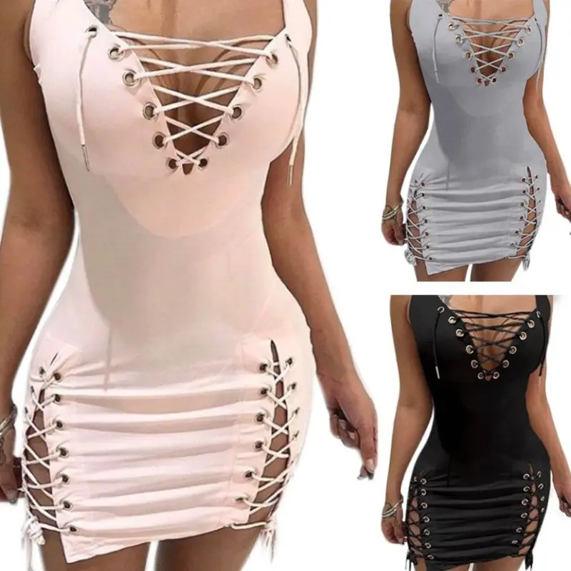 

Womens Sexy Deep V-Neck Sleeveless Bodycon Mini Dress Lace Up Cross Bandage Tight Side Split High Waist Cocktail Party Clubwear