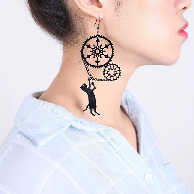 

New Mode Style Funny Acrylic Jewelry Playful Steampunk Cat Earrings Exaggerated Tide Brand Black Cat Gear Earrings Fashion Gifts