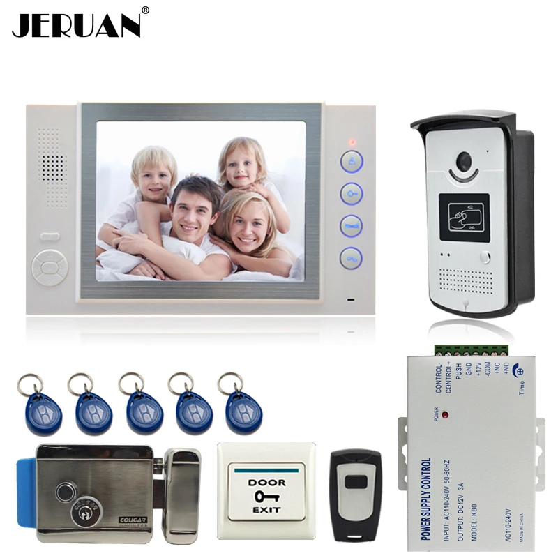 JERUAN 8`` video door phone doorbell intercom system home access control system RFID video recoreding +power supply