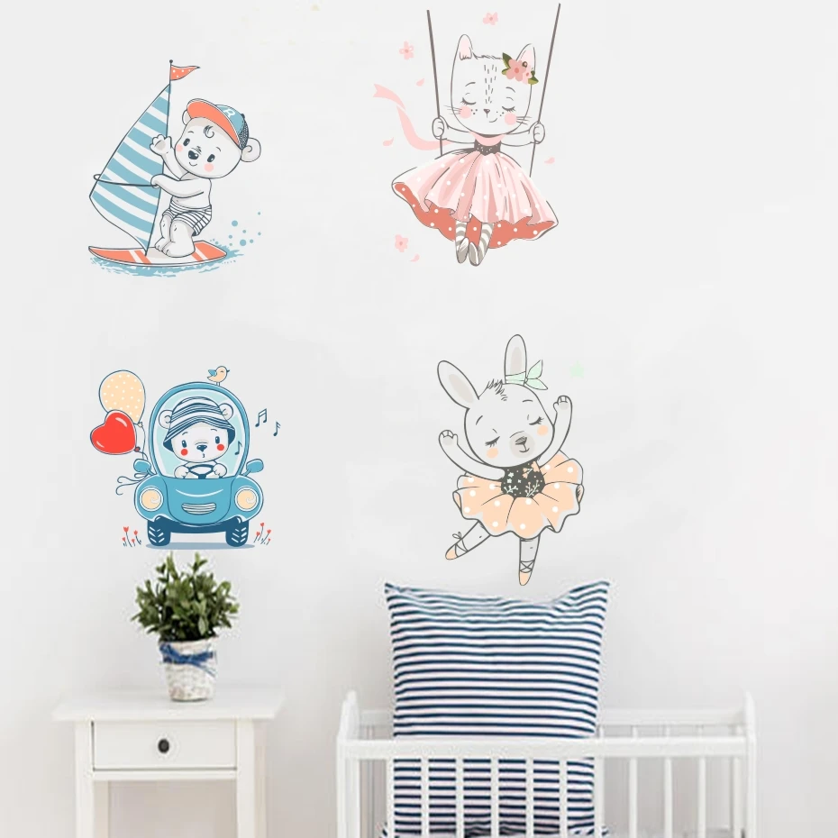 

Cartoon Ballet Rabbit Cat Boat Boy Wall Sticker Laptop Door Switch Nordic Posters Wall Decals Murals For Kids Rooms Home Decor