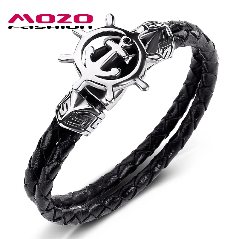 

MOZO FASHION Men Jewelry Black Double Layer Leather Bracelet Stainless Steel Punk Anchor Rudder Charm Simple Bracelet PS1040