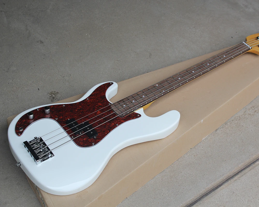 Factory Custom 4-string Left Hand White Electric Bass Guitar with Red Tortoise Pickguard,Rosewood Fingerboard,Offer Customized Factory Custom 4-string Left Hand White Electric Bass Guitar with Red Tortoise Pickguard,Rosewood Fingerboard,Offer Customized
