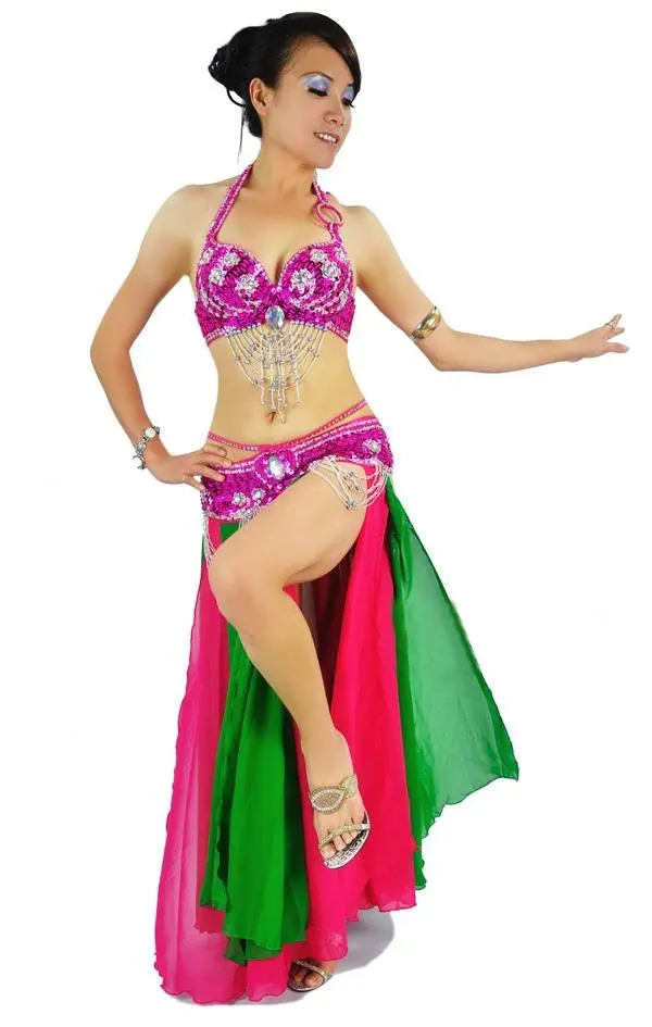 Высококачественный костюм для танца живота, комплект из 2 предметов: бюстгальтер и пояс, размер бюстгальтера: 34B/C, 36B/C, 38B/C, 40B/C, 12 цветов - Цвет: Dark pink