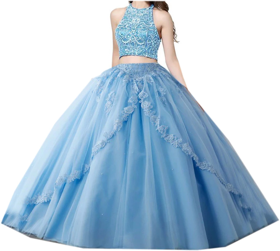 Unique Two Pieces Quinceanera Dress Sleeveless Off the Shoulder Crystal Lace Beaded Tiered Tulle Ball Gown Sweet 16 Dresses | Свадьбы и