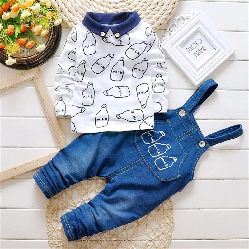 2pcs Toddler Baby Boys Clothes Set Cowboy Overalls Pnats Long Sleeve