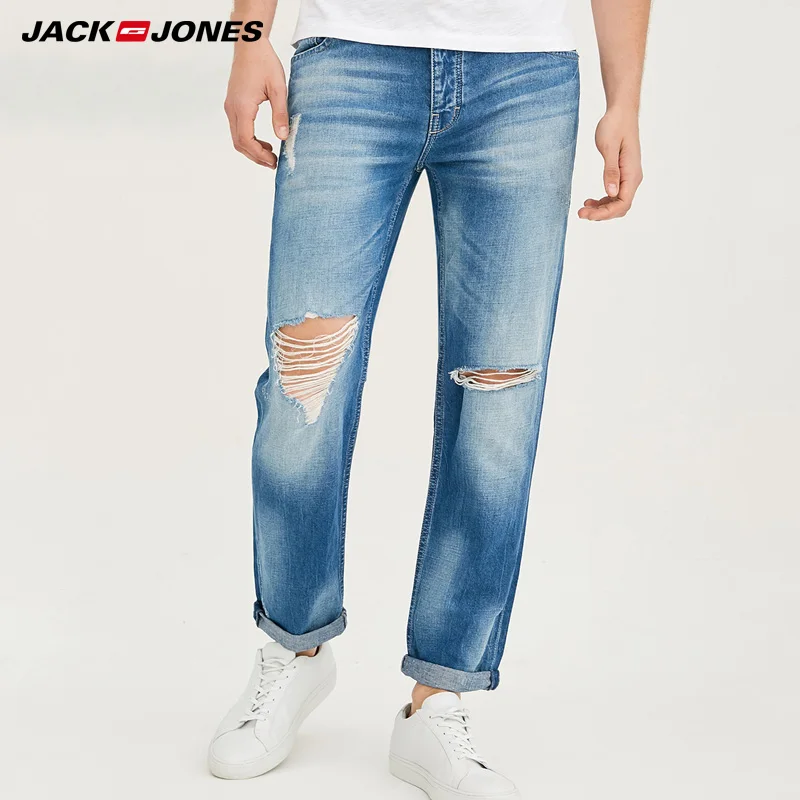 Jack Jones мужские летние зауженные джинсы из хлопка и льна, потертые прямые мужские рваные джинсы, уличная одежда | 217232521