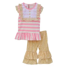 2016 New Style Baby Clothes Pink Striped Top Lace Decor Chest Cute Printing Ruffle Capris Summer