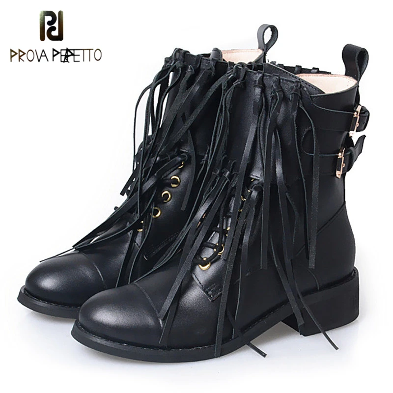 

Prova Perfetto Round Toe Med Motorcycle Boots For Women Chic Fringe Side Zip Solid Cow Genuine Leather Ankle Boots
