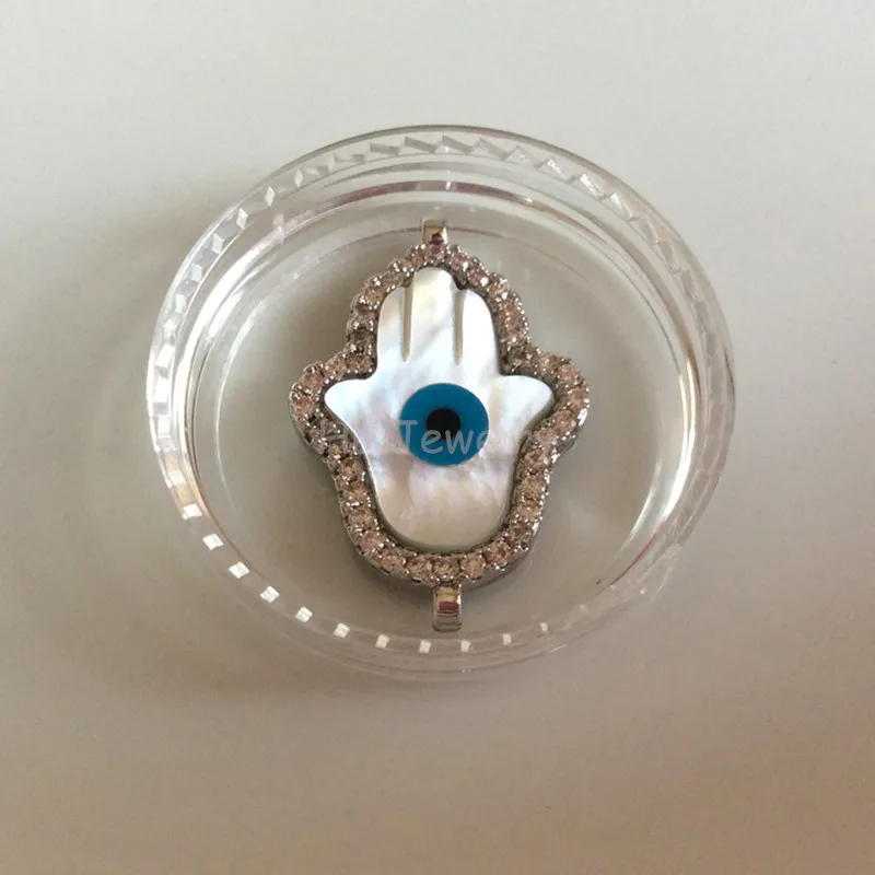 

20PCS/Lot Mother Of Pearl Shell Blue Eye Hamsa With AAA CZ Inlay DIY Jewelry Copper Bracelet Connector