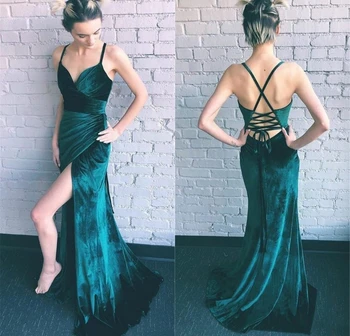 

Dark Green Prom Dresses Sparkly Plunging V Neck Side Split Velvet Evening Party Gowns Black Girls Vestidos de fiesta de noche