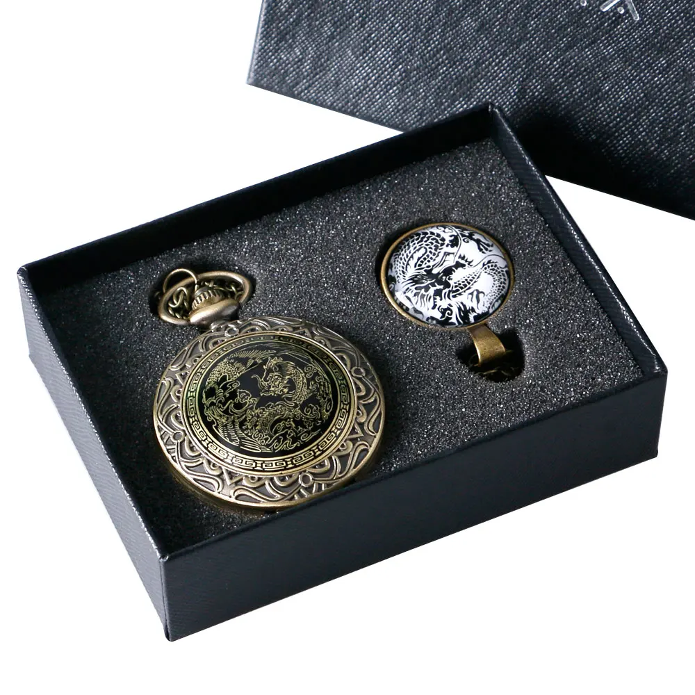 

Antique Dr. King Symbolic Pattern Pocket Watch Set Chiness Flying Fire Gargon Pendant Quartz Watches Unisex Necklace Clock + Box