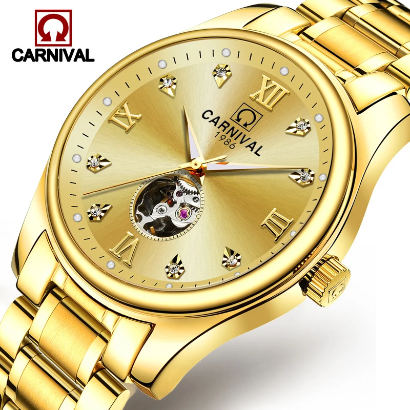 

Carnival Watch Men skeleton Automatic Mechanical Luminous All Gold Stainless Steel Waterproof Watches