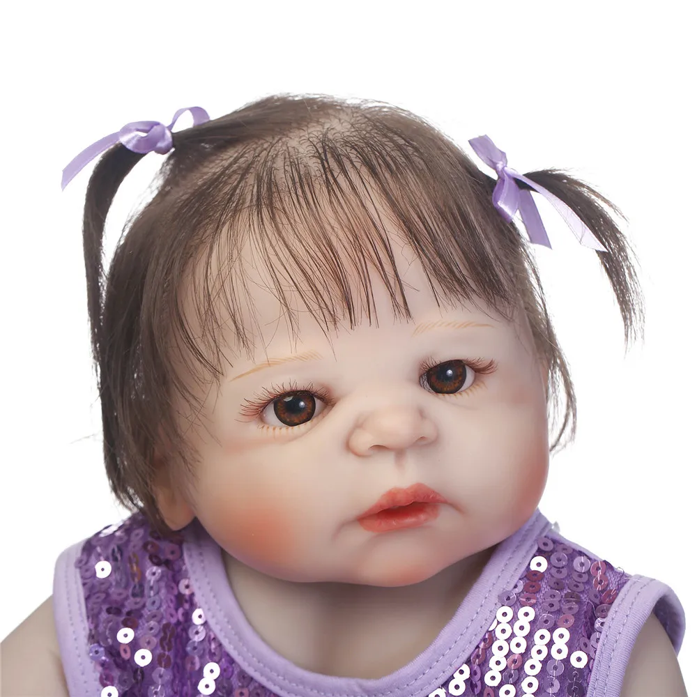 

NPK 23"girl doll reborn full body silicone reborn baby for child gift purple dress rooted hair blue/green/brown eyes bonecas
