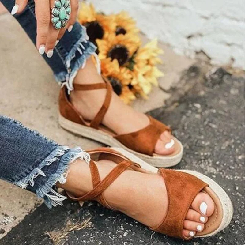 

Tangnest New Flat Sandals Women Cover Heel Platform Sandals Slip On Cross-tied Hemp Creepers Soft Ladies Walking Shoes XWZ5867