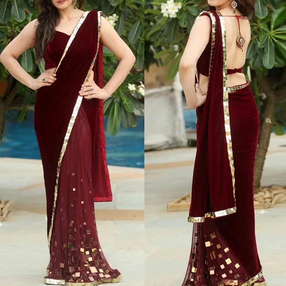 

Burgundy Formal Dress gala jurken India Woman Saree Prom Gown Sheath Sequins Velvet vestido formatura 3 Pieces Prom Dresses