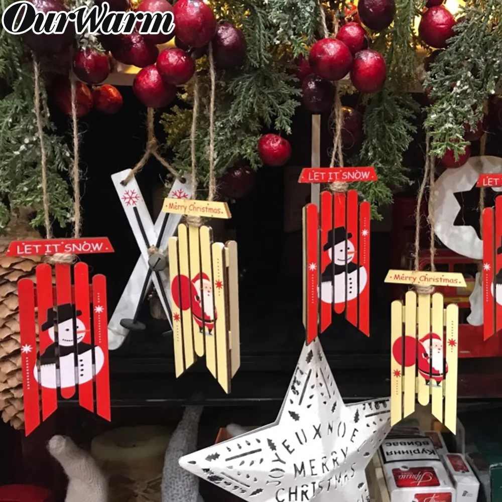 

OurWarm 2pcs Natural Wood Christmas Tree Ornament Wooden Hanging Pendants Gifts Snow Sled Christmas Decora adornos de navidad