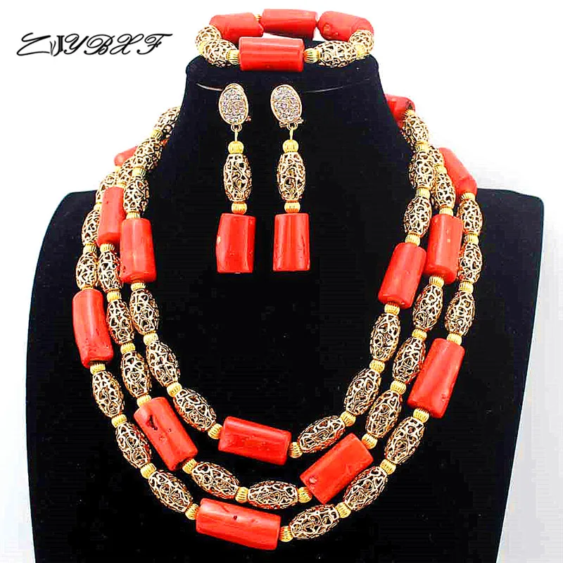 

New Fantastic Wedding Coral Beads Jewelry Sets for African Women Bridal Indian Dubai earrings Statement Necklace Set L1013