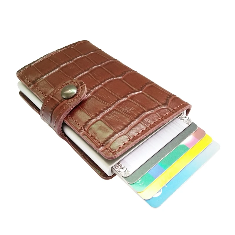

Vintage Crocodile Pattern Genuine Leather Mini RFID Wallets for Men Women Aluminum Single Box ID Bank Credit Card Holders