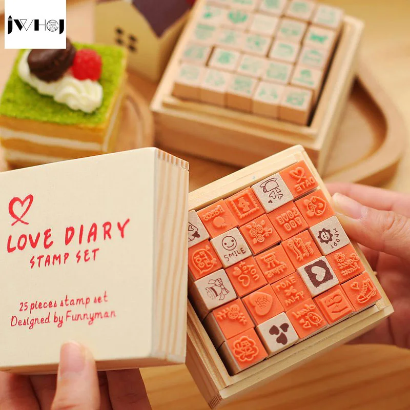 

25 pcs/set Mini Cute diary wooden rubber stamp gift box sets Crafts diy Handmade decal scrapbooking Photo Album