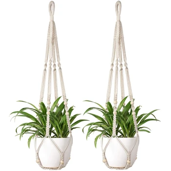 

Macrame Plant Hangers 2Pcs Indoor Hanging Planter Basket Flowe Pot Holder Cotton Rope With Beads No Tassels, 35 Inch
