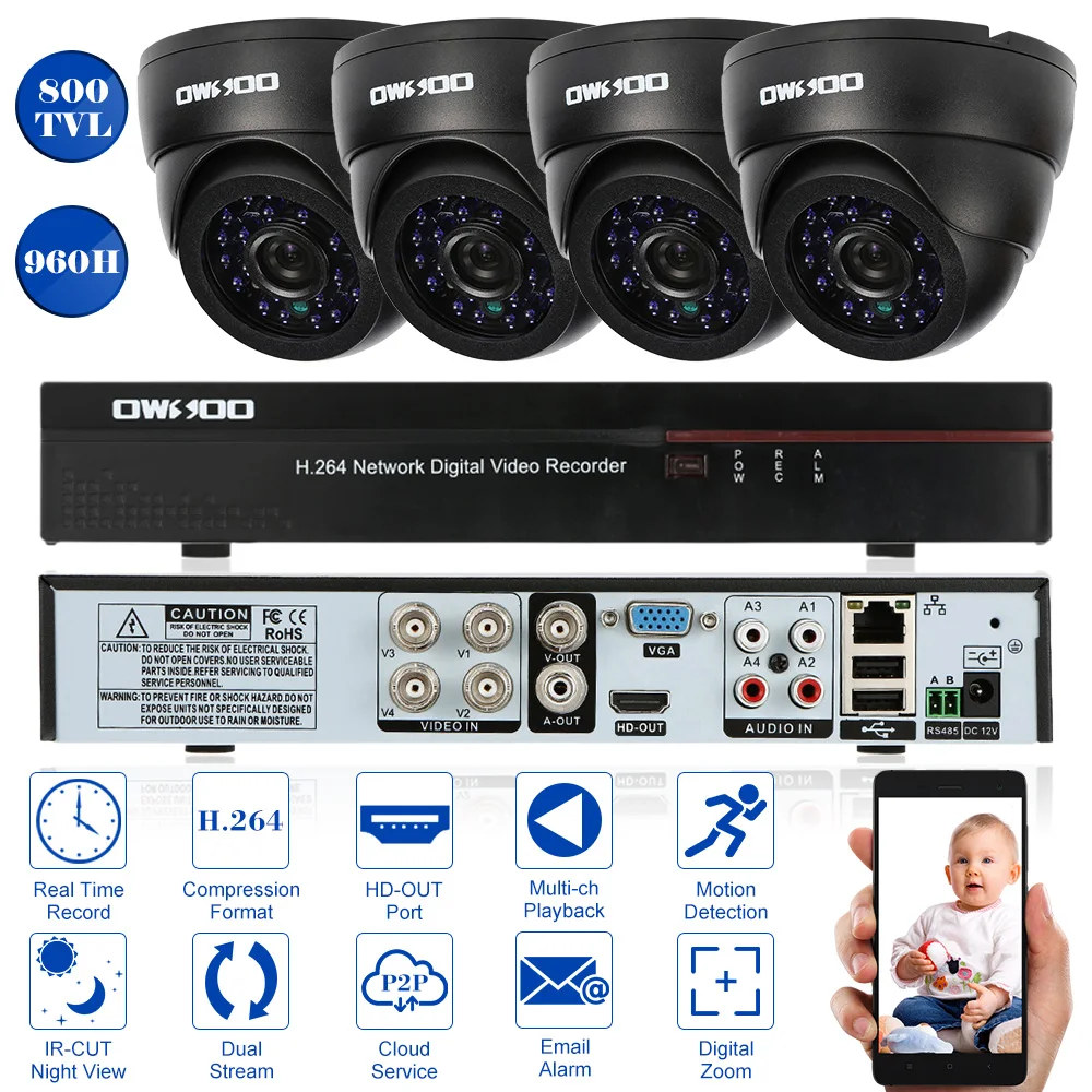 OWSOO 800TVL камера видеонаблюдения системы безопасности Полный 960 H/D1 4CH DVR HDMI P2P сети 4 шт. PnP ИК купольная камера комплект Евро