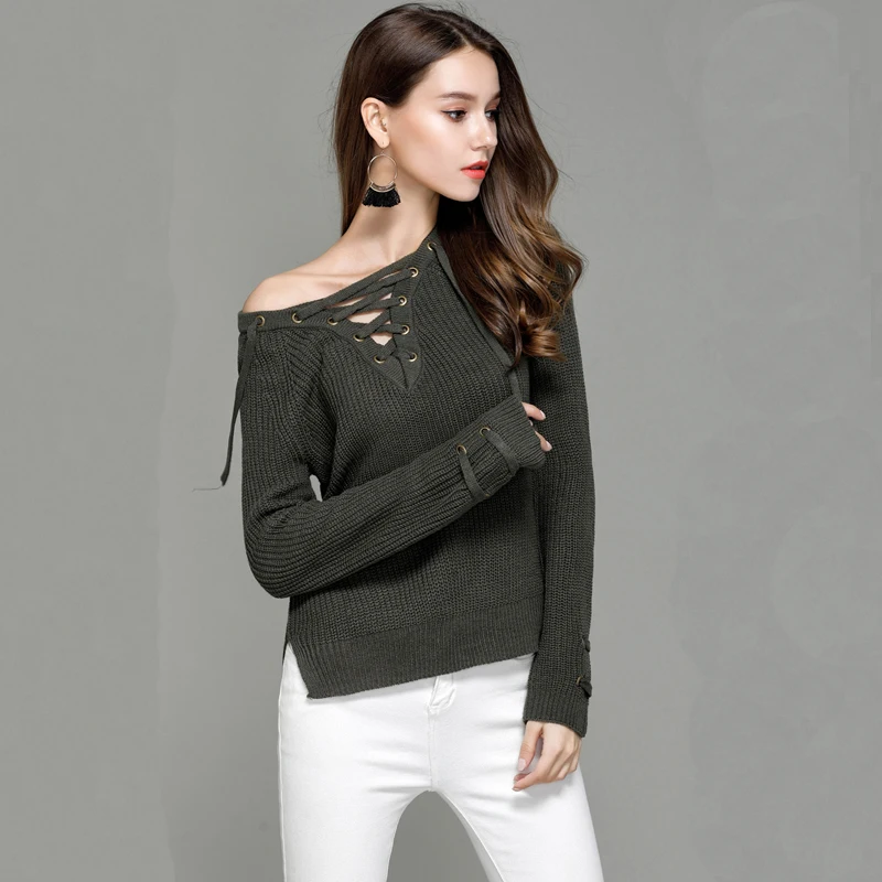 LOSSKY Autumn Winter Pullover Women Jumper O Neck Lace Up Long Sleeve Sweater Female Knitted Jumper Ladies Slim Knit Tops 2018 LOSSKY Autumn Winter Pullover Women Jumper O Neck Lace Up Long Sleeve Sweater Female Knitted Jumper Ladies Slim Knit Tops 2018