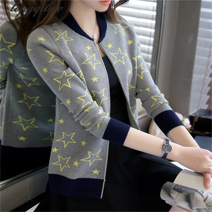 

Winter Women's new jacquard knit five-pointed star female zipper cardigan sweater jacket sweet TB7526