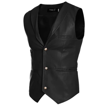 

Fashion Gentleman PU Waistcoat Buttons Men Casual Slim Fitness Vest Man Businesswear Leather Formal Coats Fake Pocket MQ483