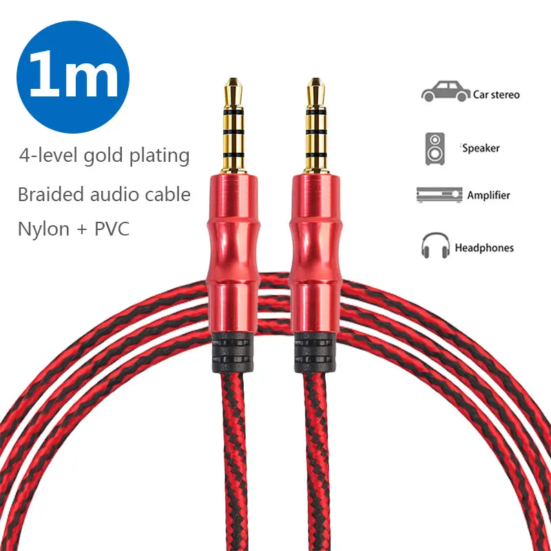 1m Nylon Jack Audio Cable Standard 3.5mm Male to Male Electroplated