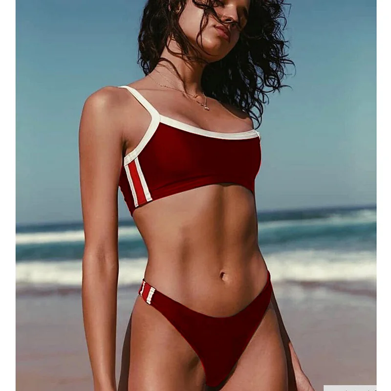 

2018 Red Swimsuit Padded Bra Sport 2 Pieces Swimwear Push Up Women Sexy Strap Bikini Set Female Bathing Suit Beach Wear
