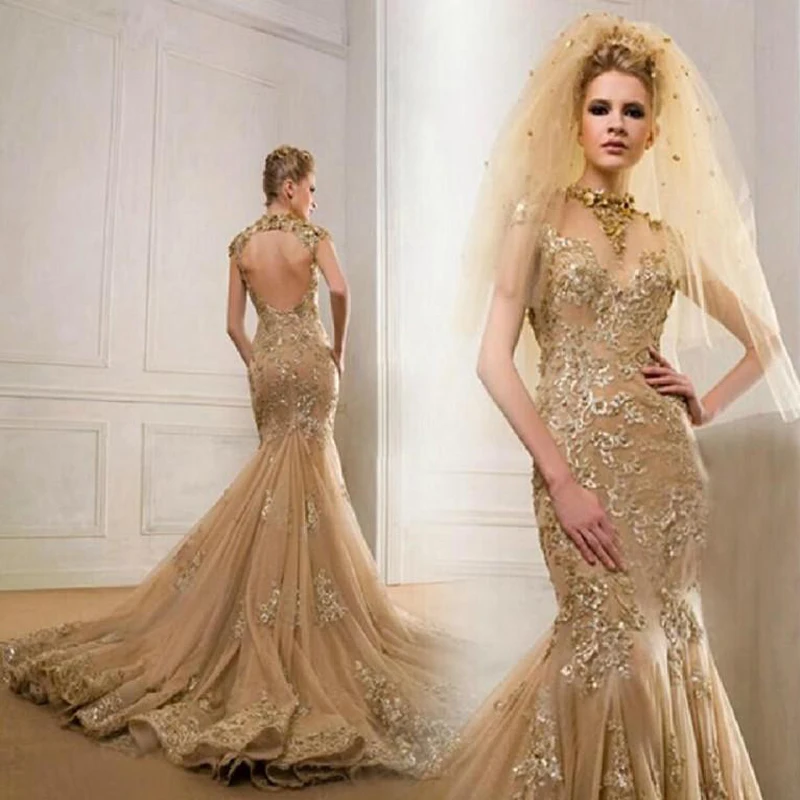 Gold lace long evening dresses women Ecorse Cheap Long Evening Gowns