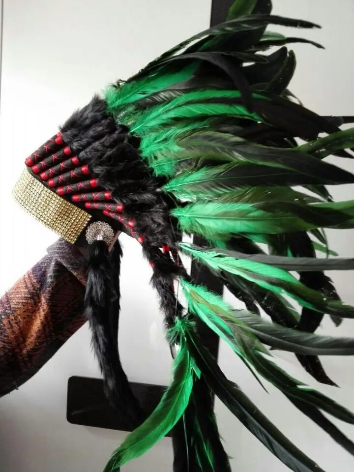 

green Indian feather Headdress American halloween costume indian War Bonnet feather hat
