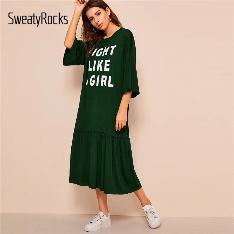 

SweatyRocks Green Letter Print Flounce Hem Dress Streetwear Three Quarter Length Sleeve Women Casual 2019 Loose Long Dresses