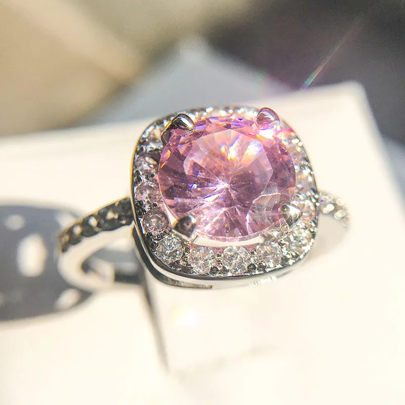 Модные женские ювелирные изделия, кольцо квадратного розового цвета с большим цирконием, CZ 925 пробы, серебряные обручальные кольца, свадебные кольца, вечерние кольца, подарок