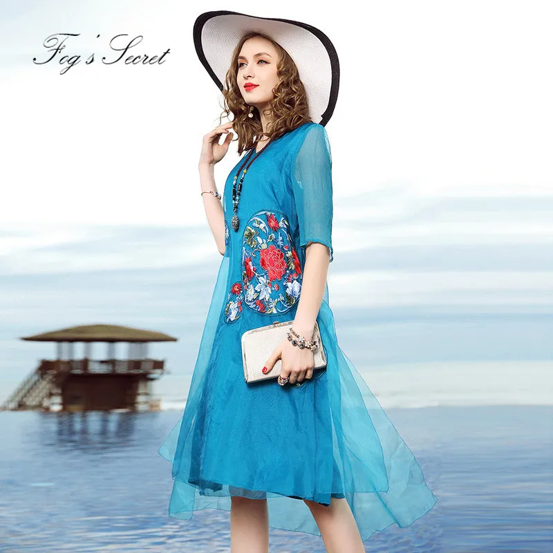 Zomer Jurk Voor Vrouwen Vintage Geavanceerde Echte Zijde geborduurde grote maat organza Zomer Jurk Voor Vrouwen Vintage Geavanceerde Echte Zijde geborduurde grote maat organza