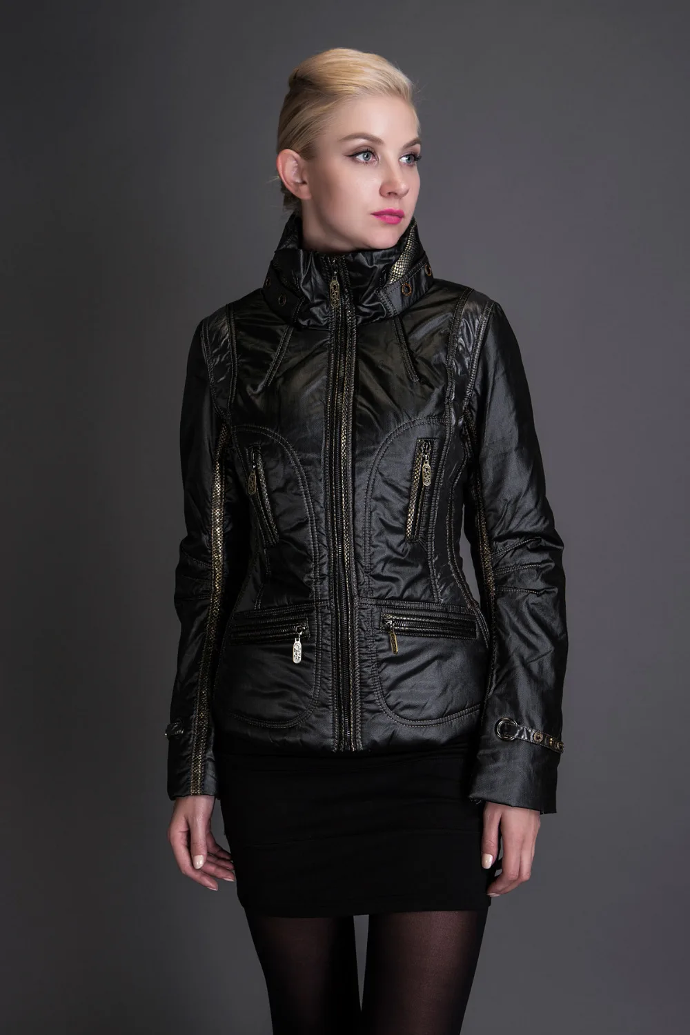 ФОТО BASIC 2016 Women Winter Slim Coat Metallic Silk Fabric Long sleeve Short Cotton Coats and Jackets  - JQM08007