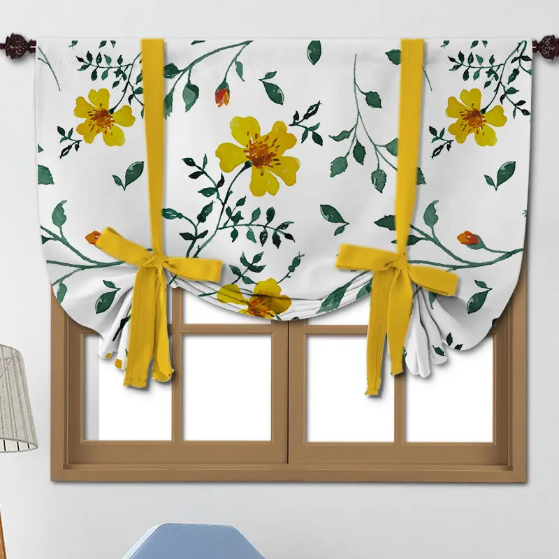 

1PC Yellow Flower Printed Roman Curtain with Ties Pastoral Style Blackout Curtain for Living Room Short Kitchen Curtain for Home