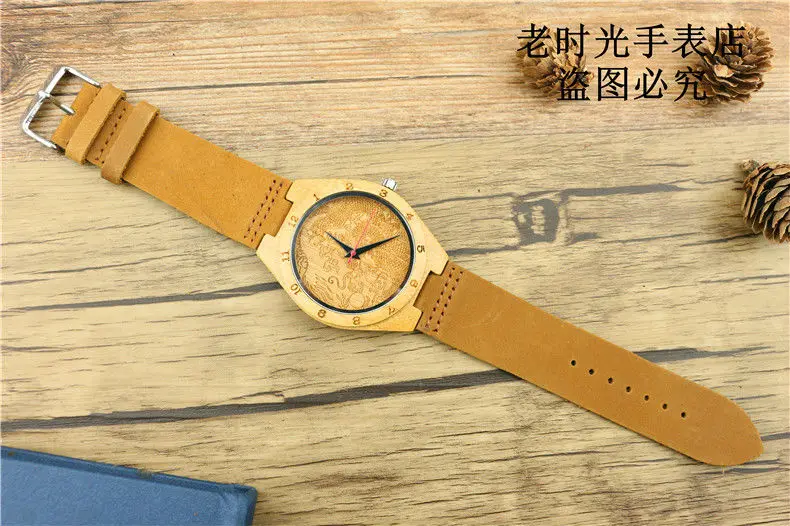 Продвижение Мужчины Топ натуральный бамбук ручной Дракон шаблон кварцевые часы в китайском стиле женские повседневные кожаные часы со