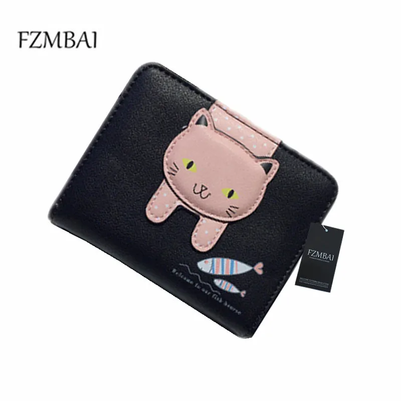 

FZMBAI Cute Cat Applique Short Wallet Teenager Cartoon Kitten Purse